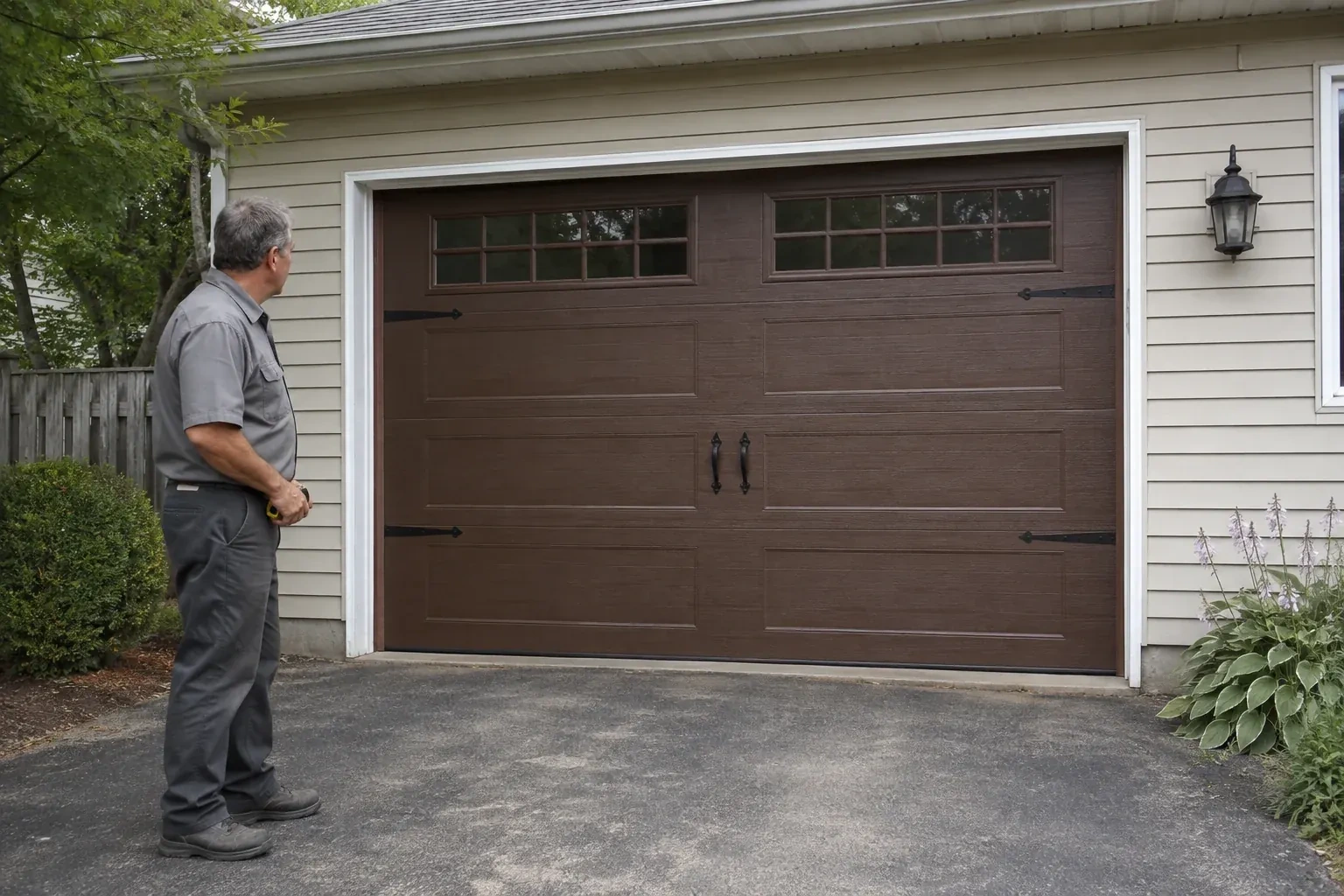 A person stands beside a closed brown garage door with upper windows and black decorative straps and handles. — Carriage-House Garage Door Installation, Brampton
