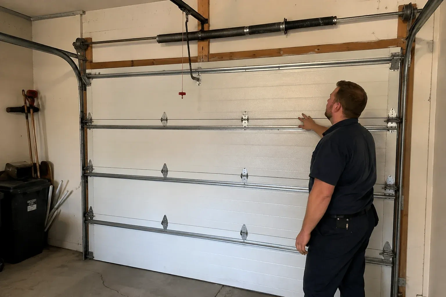 A person stands beside a closed sectional door beneath its overhead spring assembly. — Garage Door Balance Adjustment, Brampton