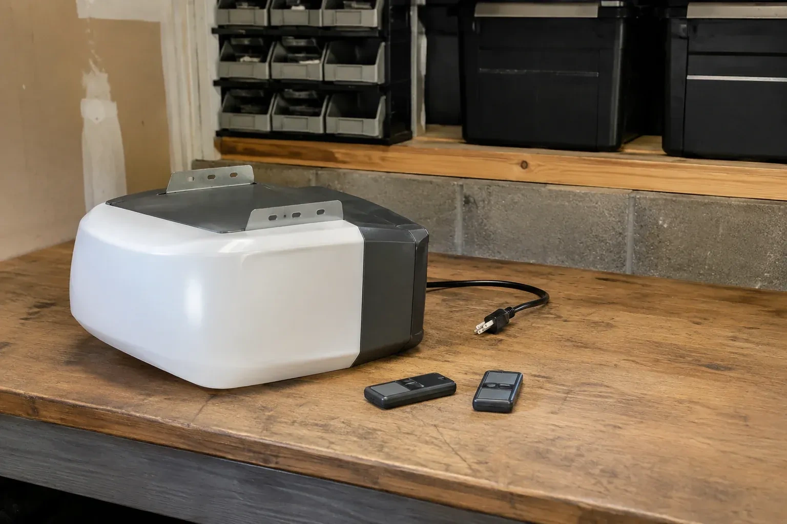 Detached opener housing and two remotes on a garage bench. — Garage Door Opener Replacement, Brampton