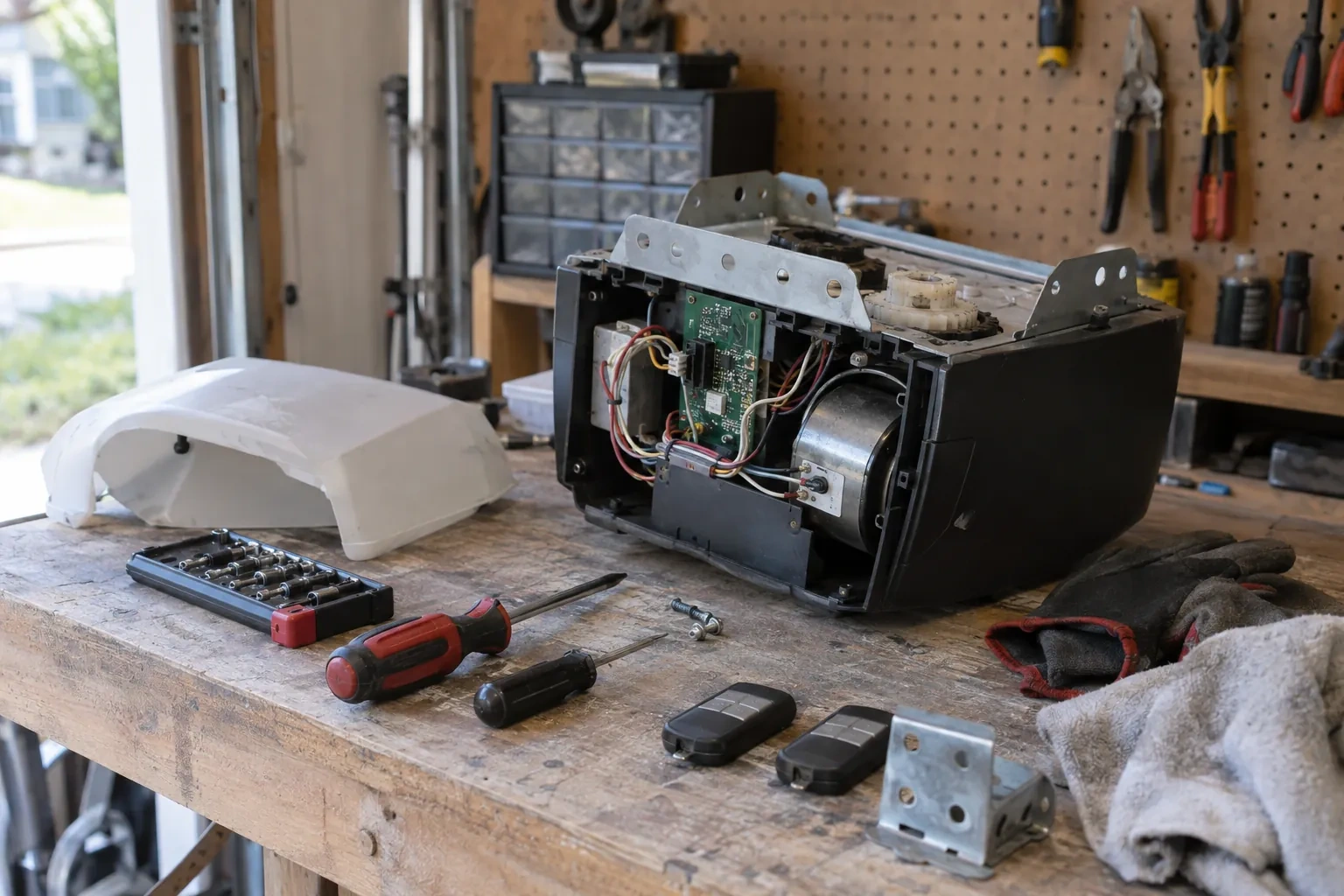 Opened garage-door opener motor with a green circuit board on a workbench beside its white cover, two remotes and screwdrivers. — Mount Pleasant