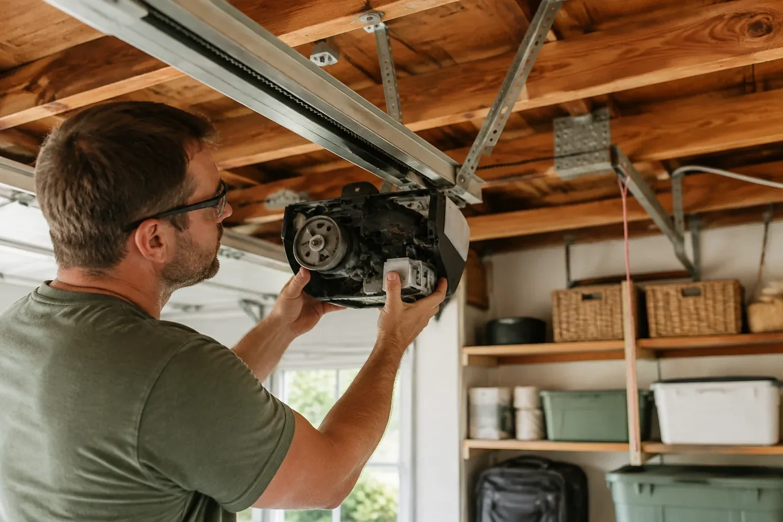Person in a green shirt and glasses holding an opened opener housing that shows a gear, under wooden ceiling joists. — Belt-Drive Opener Repair, Mount Pleasant