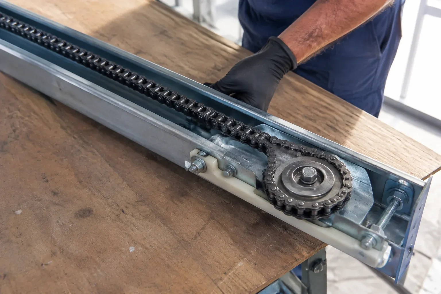 Gloved hand resting on a steel opener rail laid on a wooden bench, showing a drive chain looped around a sprocket wheel. — Chain-Drive Opener Repair, Mount Pleasant