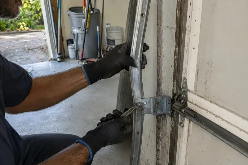Gloved hands holding a vertical garage-door track and a wrench at its mounting bracket beside a door hinge. — Garage Door Track Repair or Replacement, Brampton