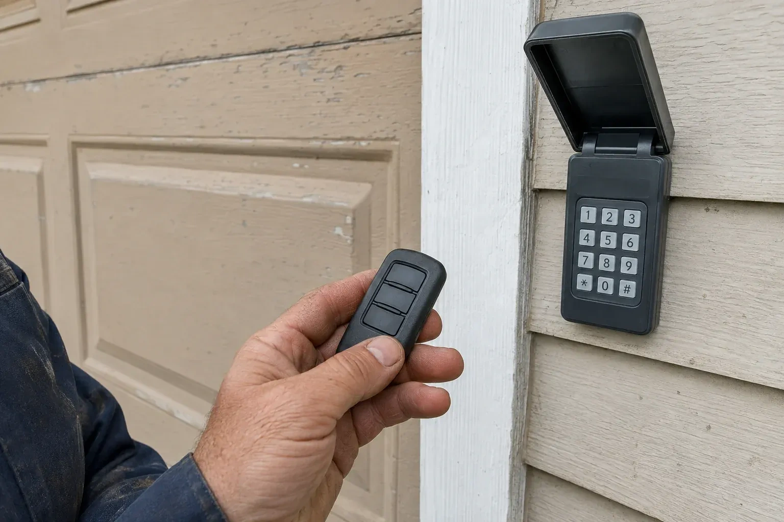A hand holds a three-button remote beside an exterior garage keypad with its cover open. — Garage Door Remote and Keypad Programming, Brampton