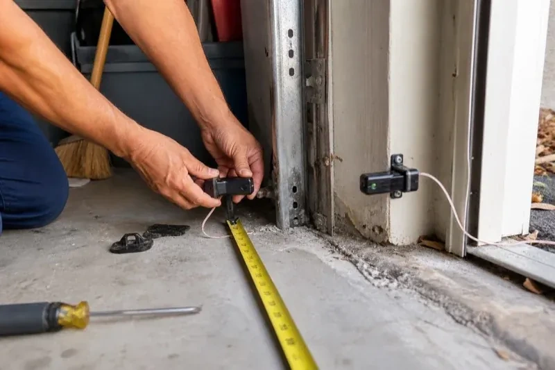 Hands holding a small wired device beside another mounted device and a tape measure at a garage-door opening — Photo-Eye Sensor Alignment or Replacement, Mount Pleasant