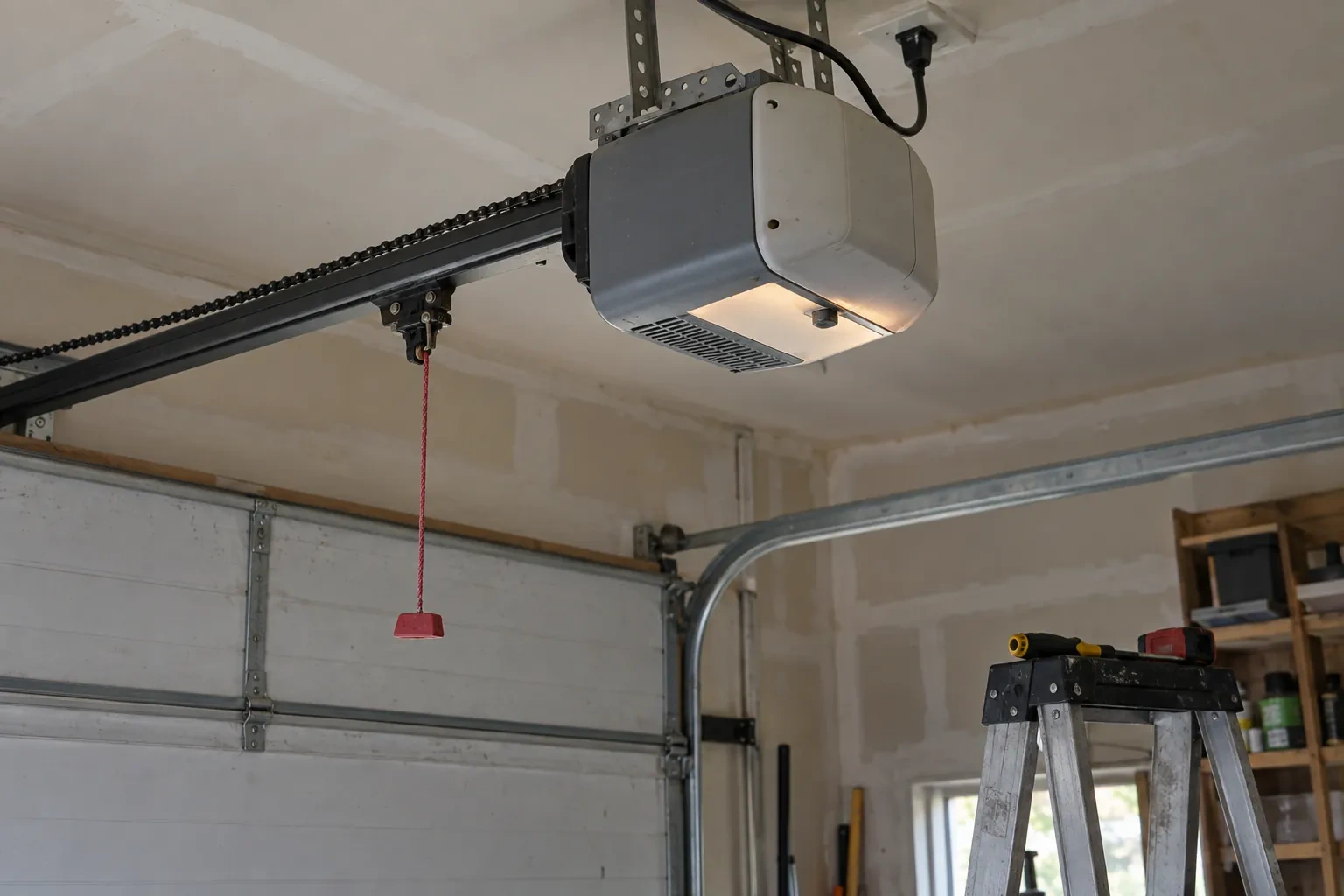 Chain-drive opener hanging from the ceiling with a lit lamp lens and a red pull cord, above a gray door and ladder. — Mount Pleasant