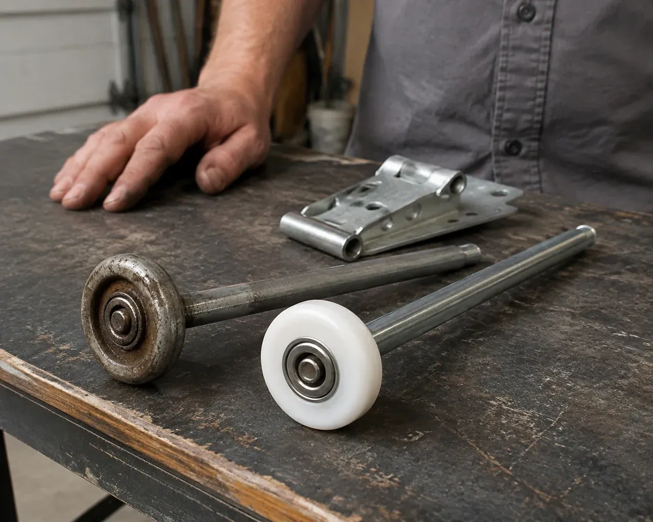 Steel and nylon garage-door rollers with long stems lie beside a detached hinge on a workbench. — Garage Door Roller Replacement, Brampton